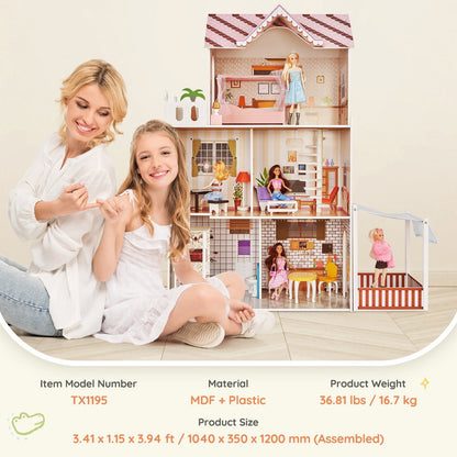 Deluxe Wooden Dollhouse with 15 Accessories - 3-Level Dream Playhouse for Kids 3+