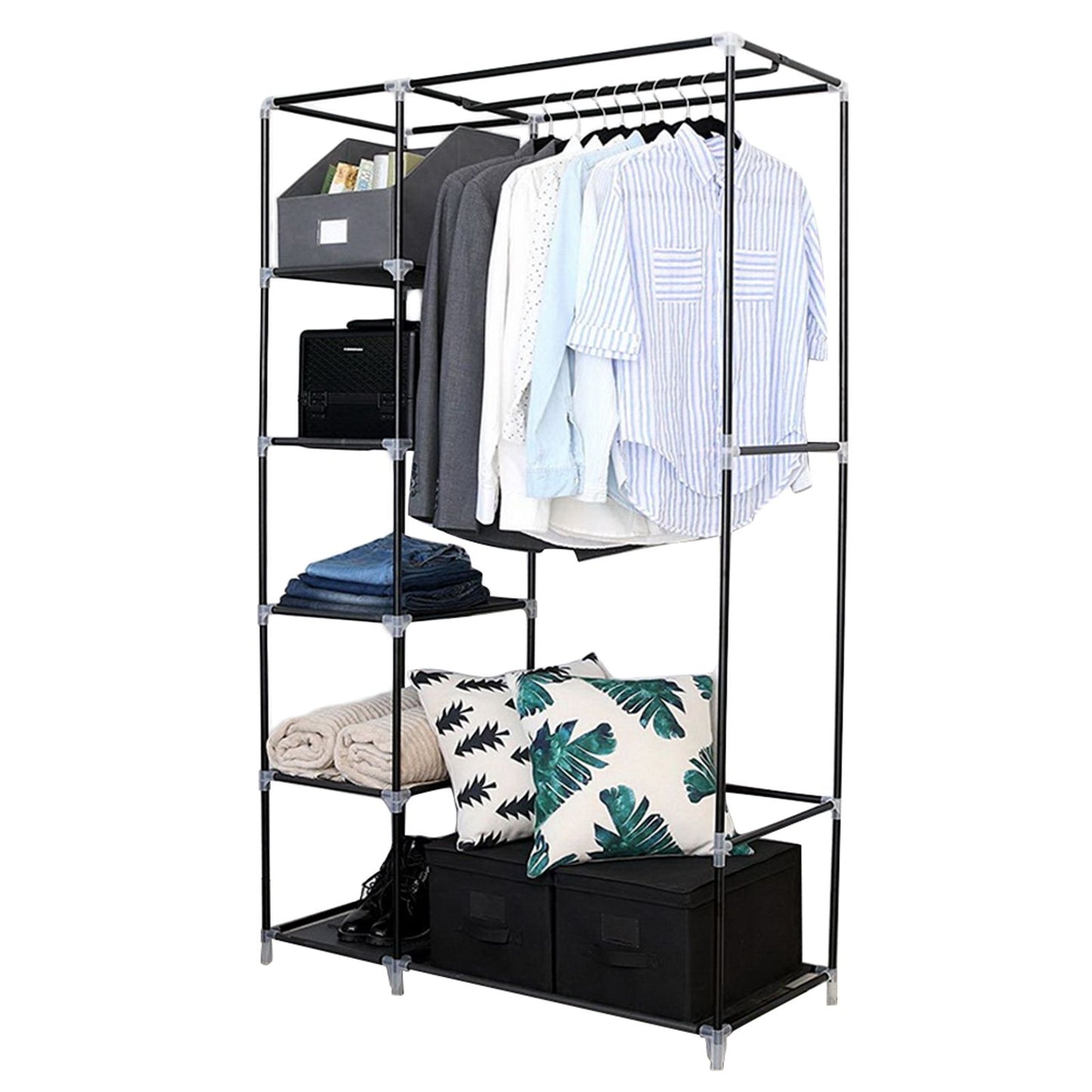 64" Black Portable Wardrobe Organizer with Adjustable Shelves and Dustproof Cover