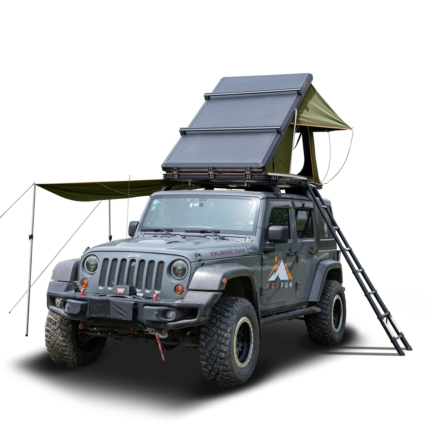 Roll over image to zoom in Adventurer Plus Rooftop Tent Hardshell with Side Awning, Air Conditioner Outlet with Bracket, &Replaceable Rain Flies, Truck Bed Tent for Camping, Pop Up Overland Roof Tents Doba