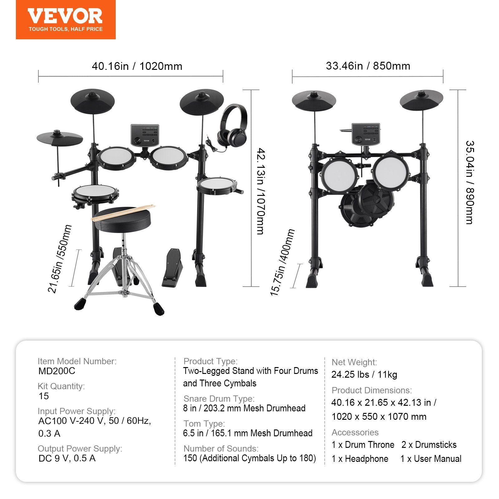 VEVOR Portable Electronic Drum Kit with 150+ Sounds for Beginners & Professionals Doba