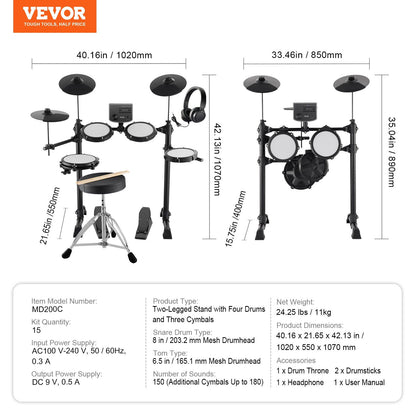 VEVOR Portable Electronic Drum Kit with 150+ Sounds for Beginners & Professionals Doba