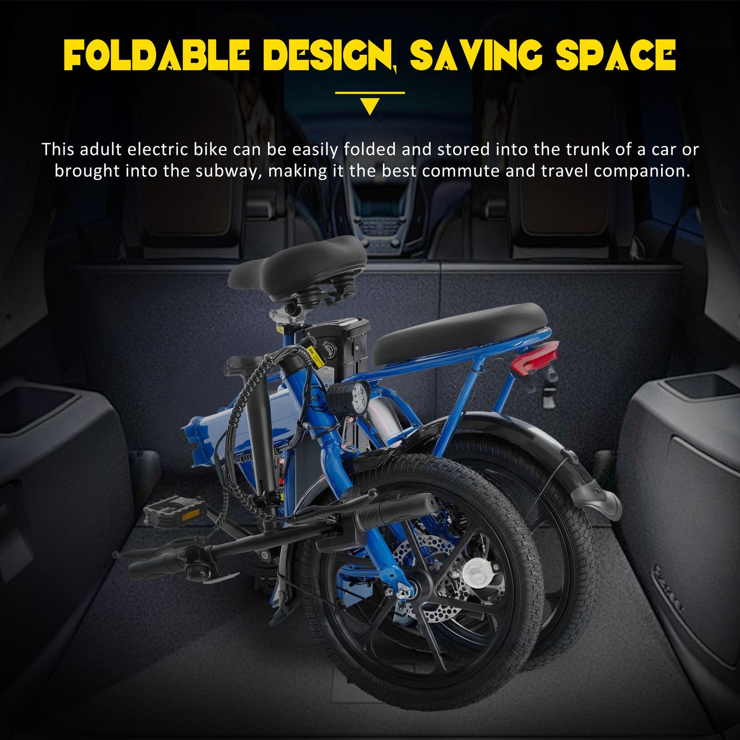 Foldable 500W Electric Bicycle for Adults - 15.5 MPH, 16-Inch Tires, 42V 10.4Ah Removable Battery, Multi-Shock Absorption Commuter Bike in Blue