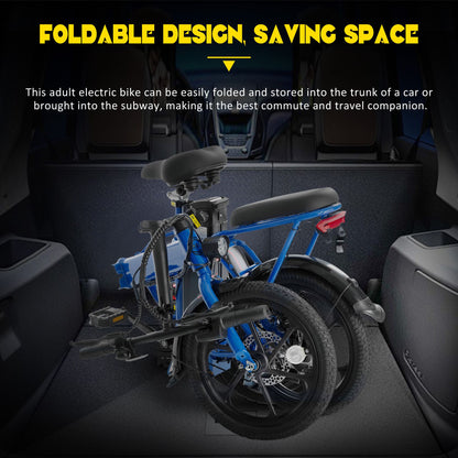 Foldable 500W Electric Bicycle for Adults - 15.5 MPH, 16-Inch Tires, 42V 10.4Ah Removable Battery, Multi-Shock Absorption Commuter Bike in Blue