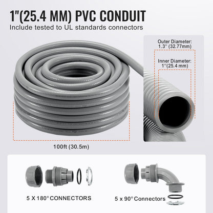 VEVOR 1-Inch PVC Liquid-Tight Flexible Electrical Conduit, 100 ft with Connectors for Harsh Environments, IP65 Waterproof and Dustproof Doba