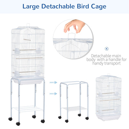 PawHut 60" White Metal Bird Cage Starter Kit with Rolling Stand, Storage Basket, and Accessories for Small Birds and Parrots Doba