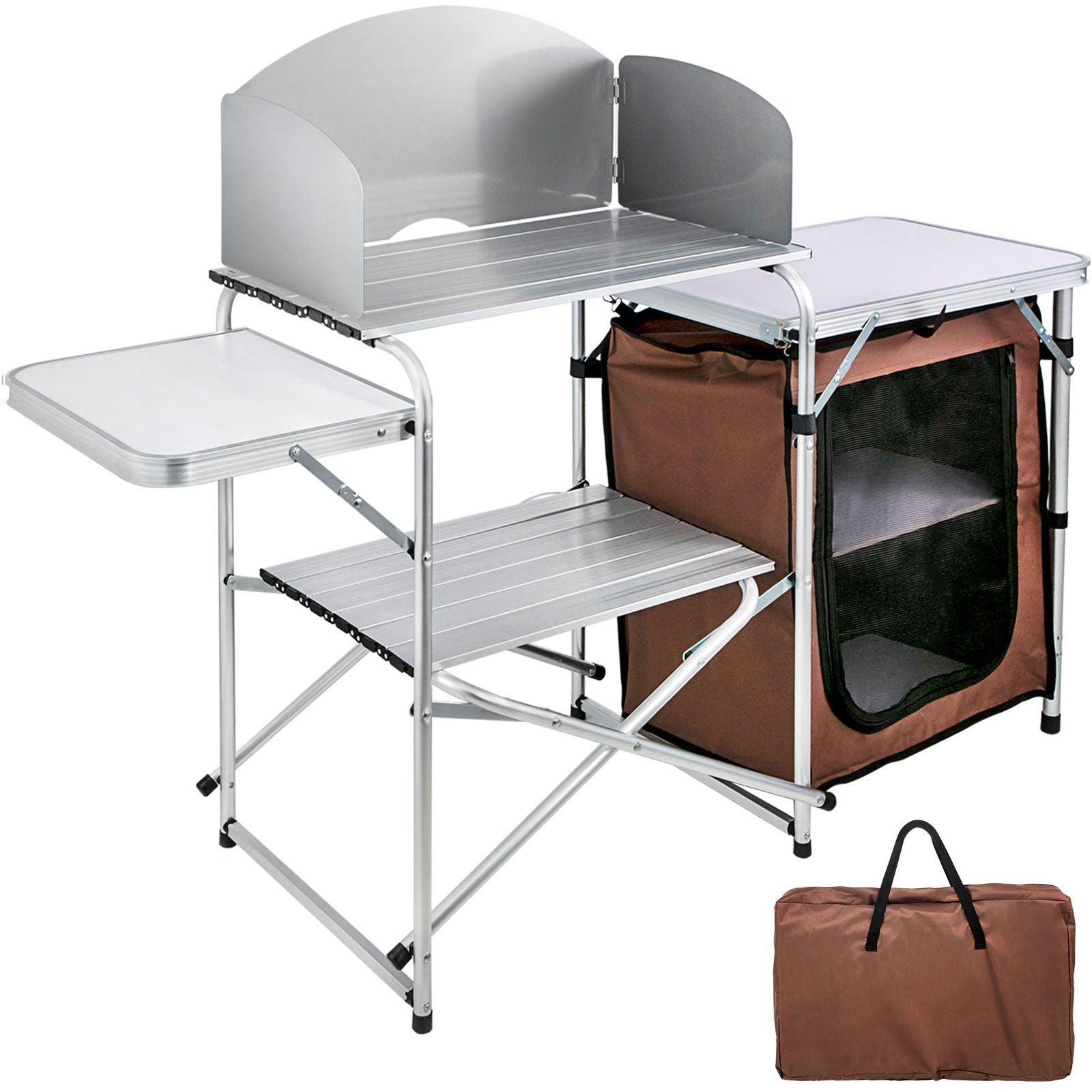 Portable Folding Camping Kitchen Table with Storage Rack and Windshield - Brown Doba