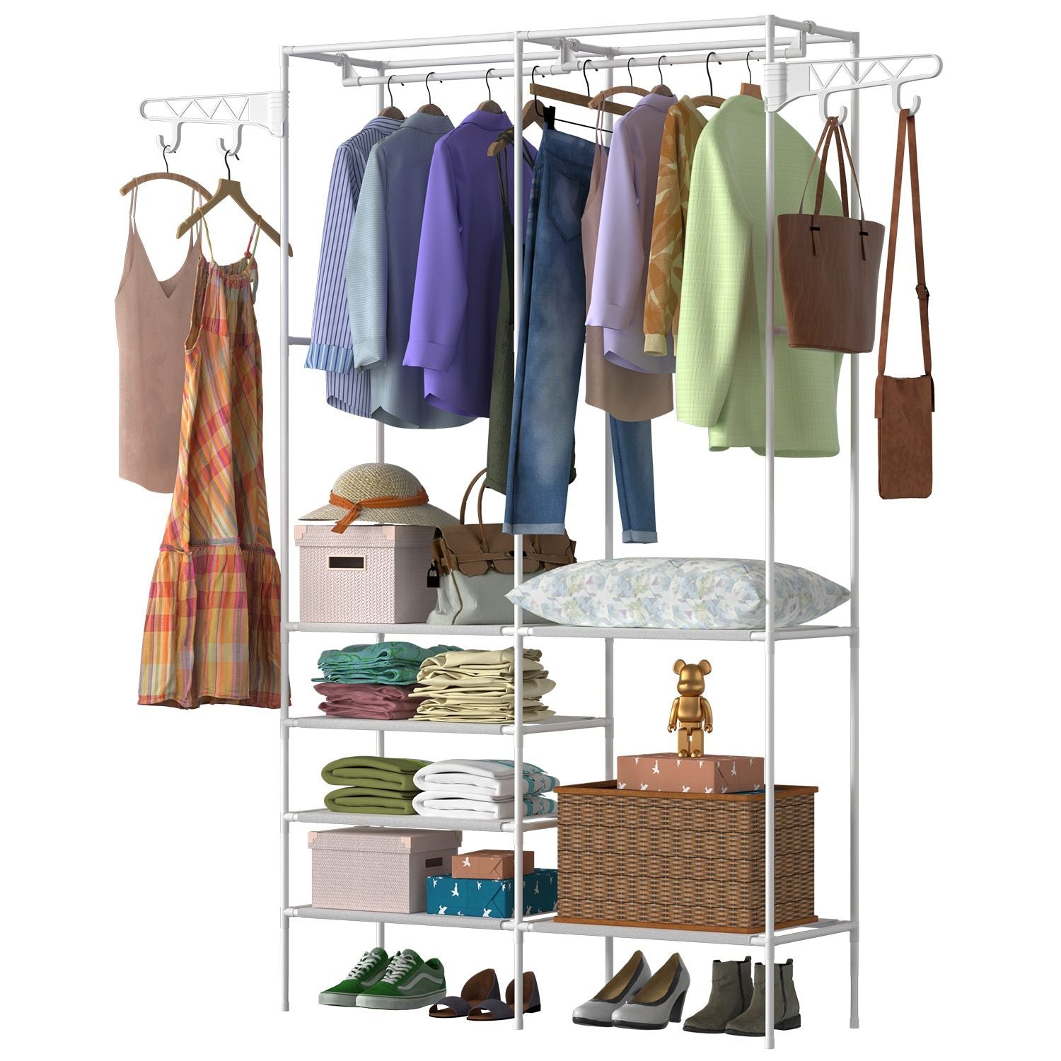 Versatile Metal Clothing and Shoe Organizer with Rotatable Hooks - Freestanding Wardrobe Rack Doba