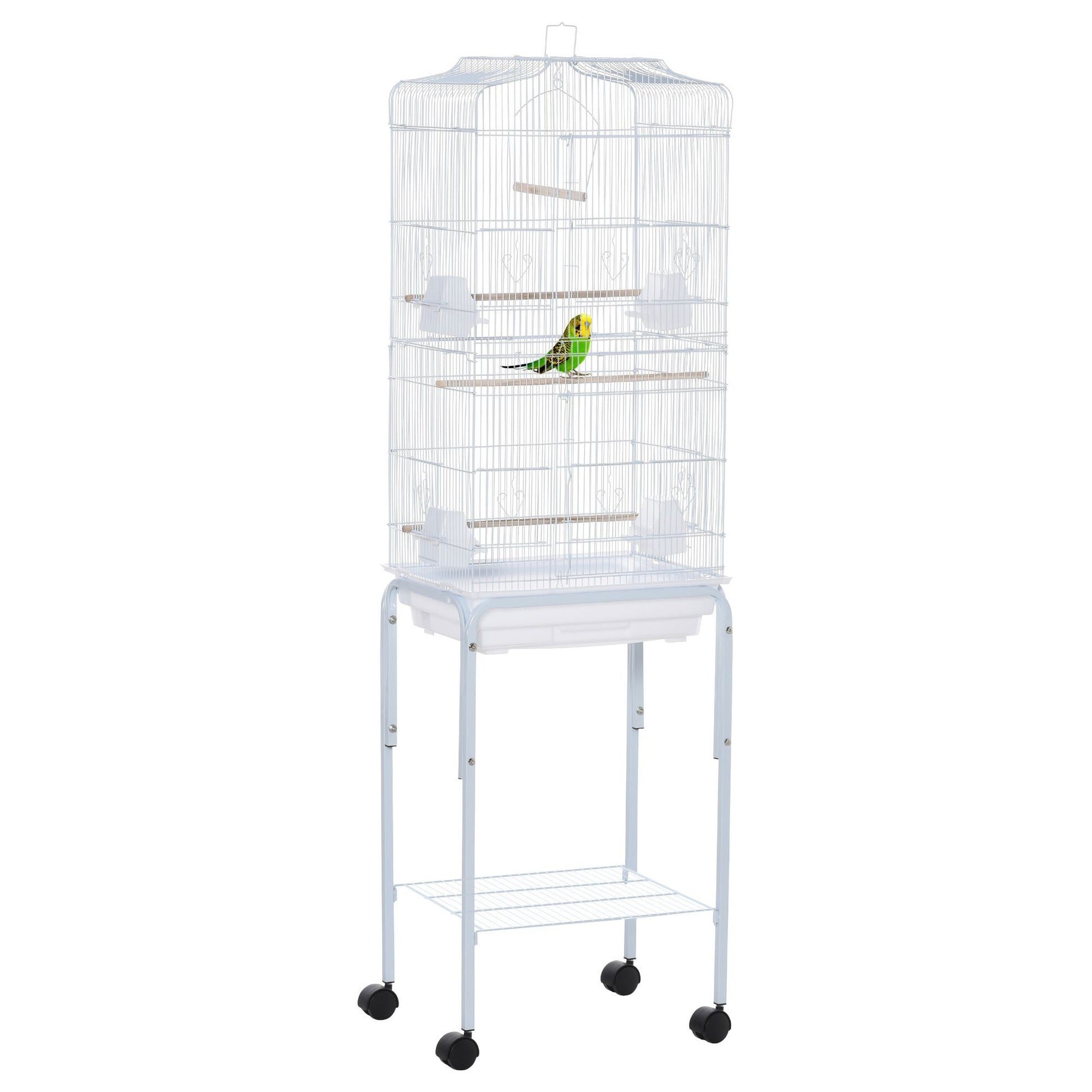 PawHut 60" White Metal Bird Cage Starter Kit with Rolling Stand, Storage Basket, and Accessories for Small Birds and Parrots Doba