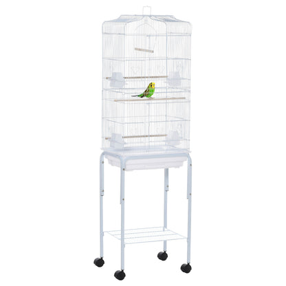 PawHut 60" White Metal Bird Cage Starter Kit with Rolling Stand, Storage Basket, and Accessories for Small Birds and Parrots Doba