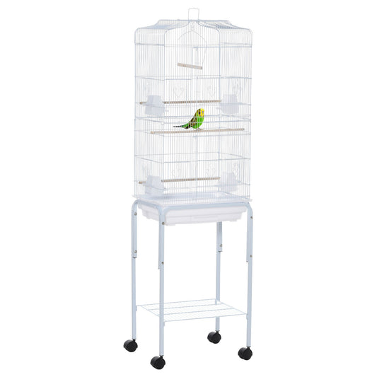 PawHut 60" White Metal Bird Cage Starter Kit with Rolling Stand, Storage Basket, and Accessories for Small Birds and Parrots Doba