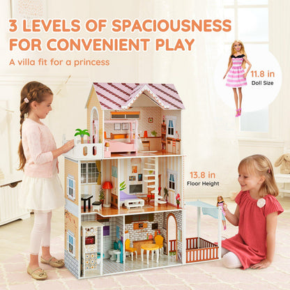 Deluxe Wooden Dollhouse with 15 Accessories - 3-Level Dream Playhouse for Kids 3+