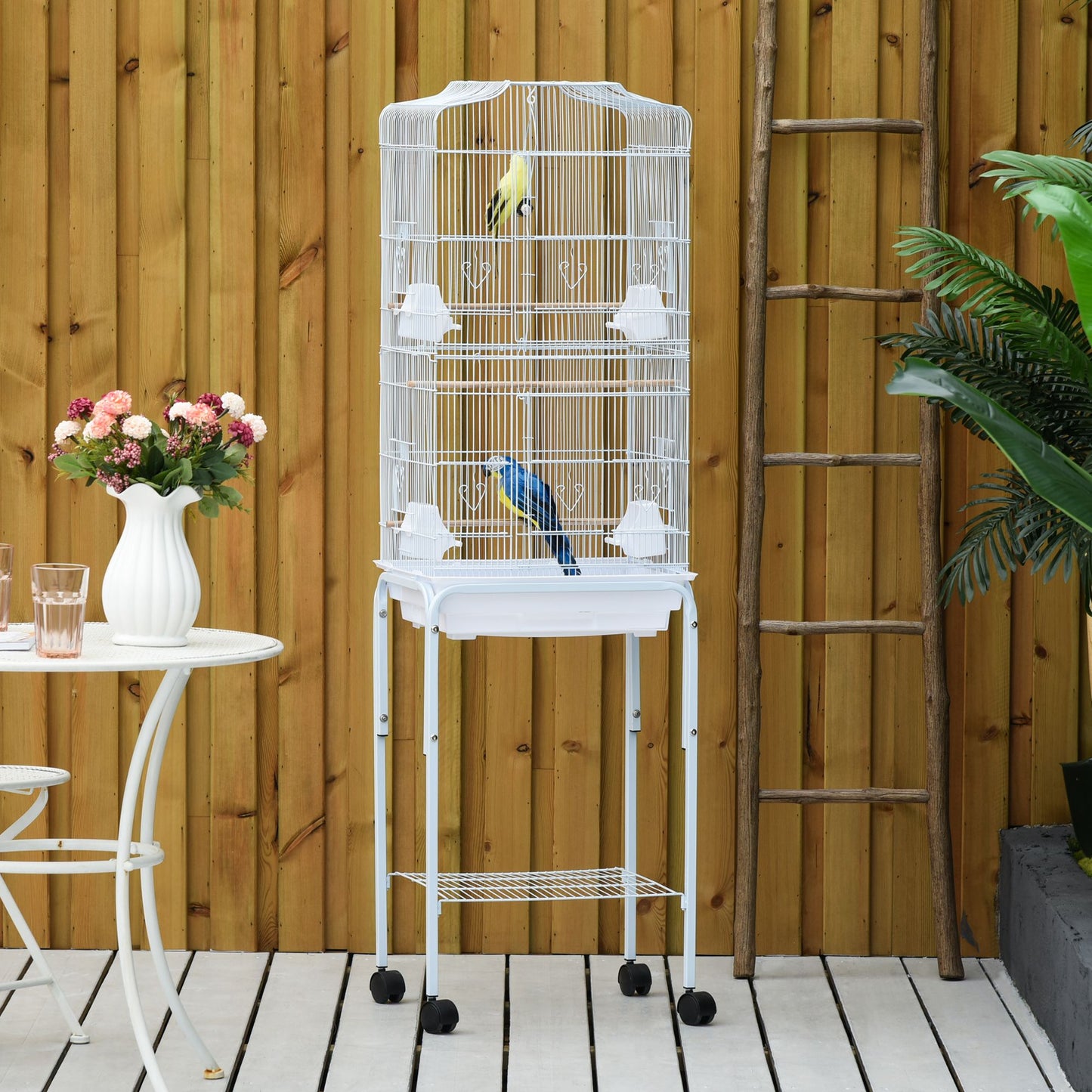 PawHut 60" White Metal Bird Cage Starter Kit with Rolling Stand, Storage Basket, and Accessories for Small Birds and Parrots Doba