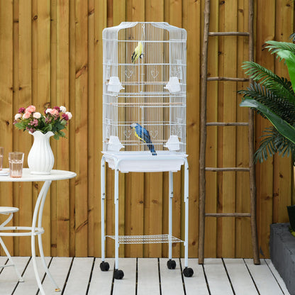 PawHut 60" White Metal Bird Cage Starter Kit with Rolling Stand, Storage Basket, and Accessories for Small Birds and Parrots Doba