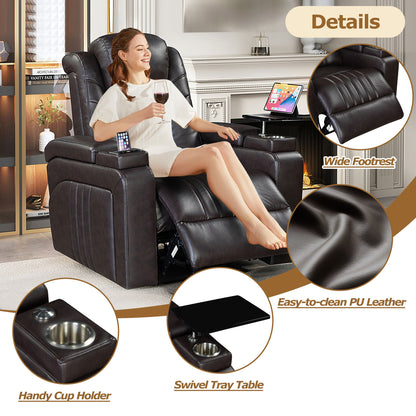 Luxury PU Leather Power Recliner with Adjustable Headrest, Wireless Charging, USB Port, Cup Holder, and Swivel Tray Table for Ultimate Home Theater Experience Doba