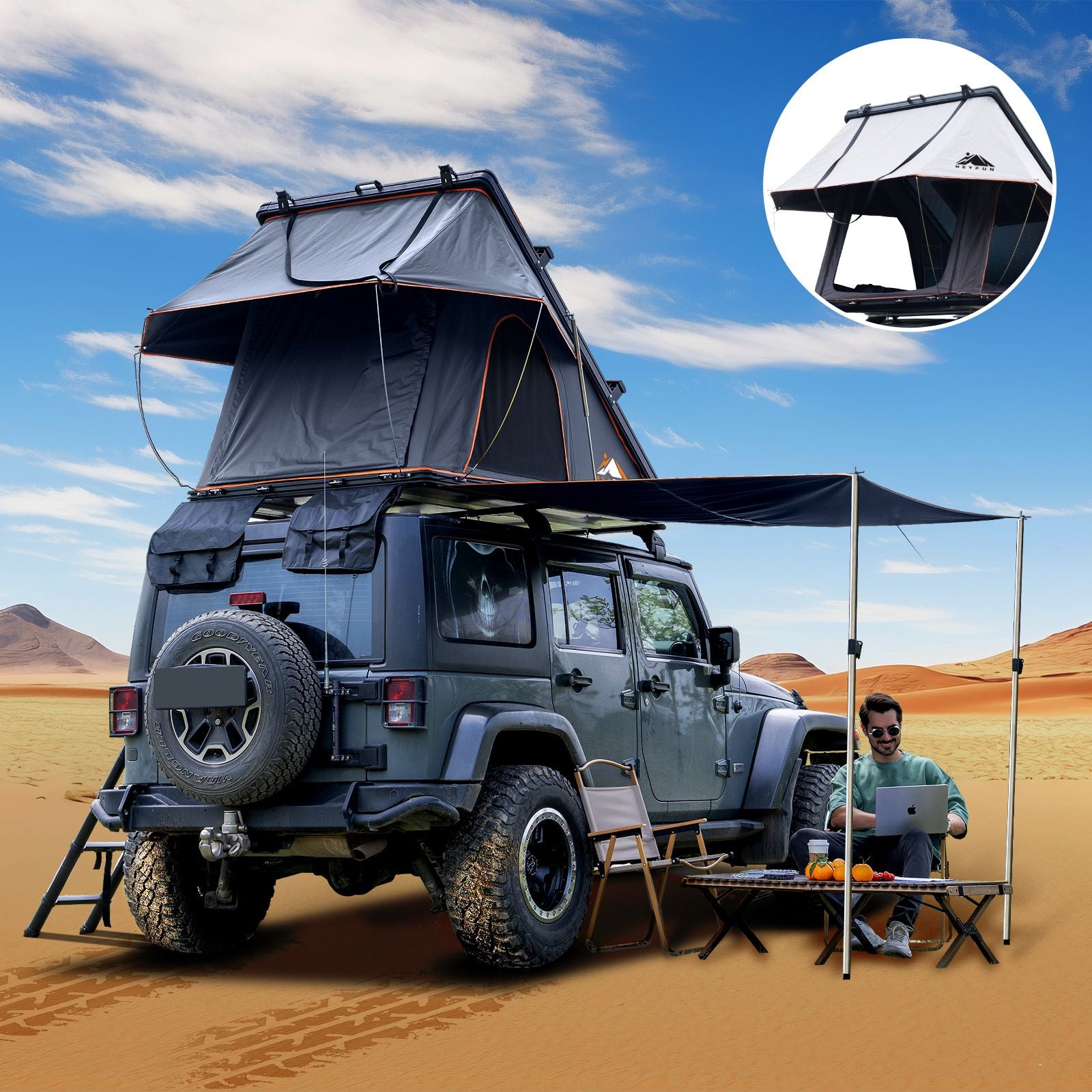 Roll over image to zoom in Adventurer Plus Rooftop Tent Hardshell with Side Awning, Air Conditioner Outlet with Bracket, &Replaceable Rain Flies, Truck Bed Tent for Camping, Pop Up Overland Roof Tents Doba