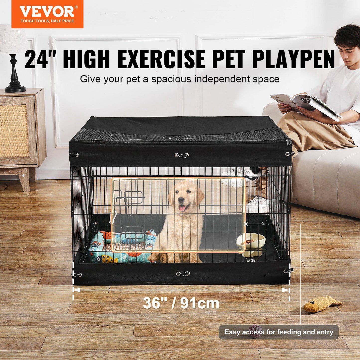 Portable 4-Panel Metal Dog Exercise Pen with Zippered Top Cover and Waterproof Base Mat