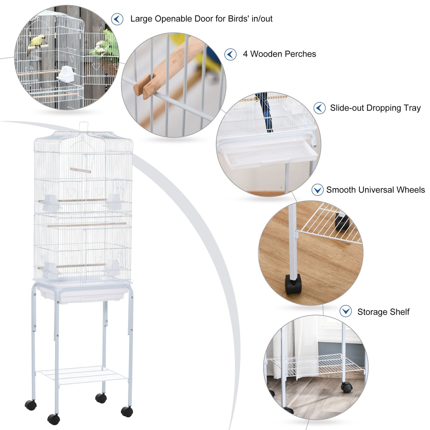 PawHut 60" White Metal Bird Cage Starter Kit with Rolling Stand, Storage Basket, and Accessories for Small Birds and Parrots Doba