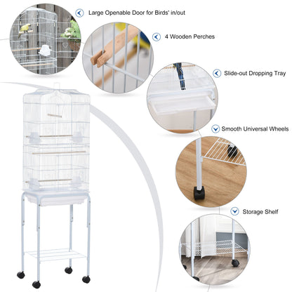 PawHut 60" White Metal Bird Cage Starter Kit with Rolling Stand, Storage Basket, and Accessories for Small Birds and Parrots Doba