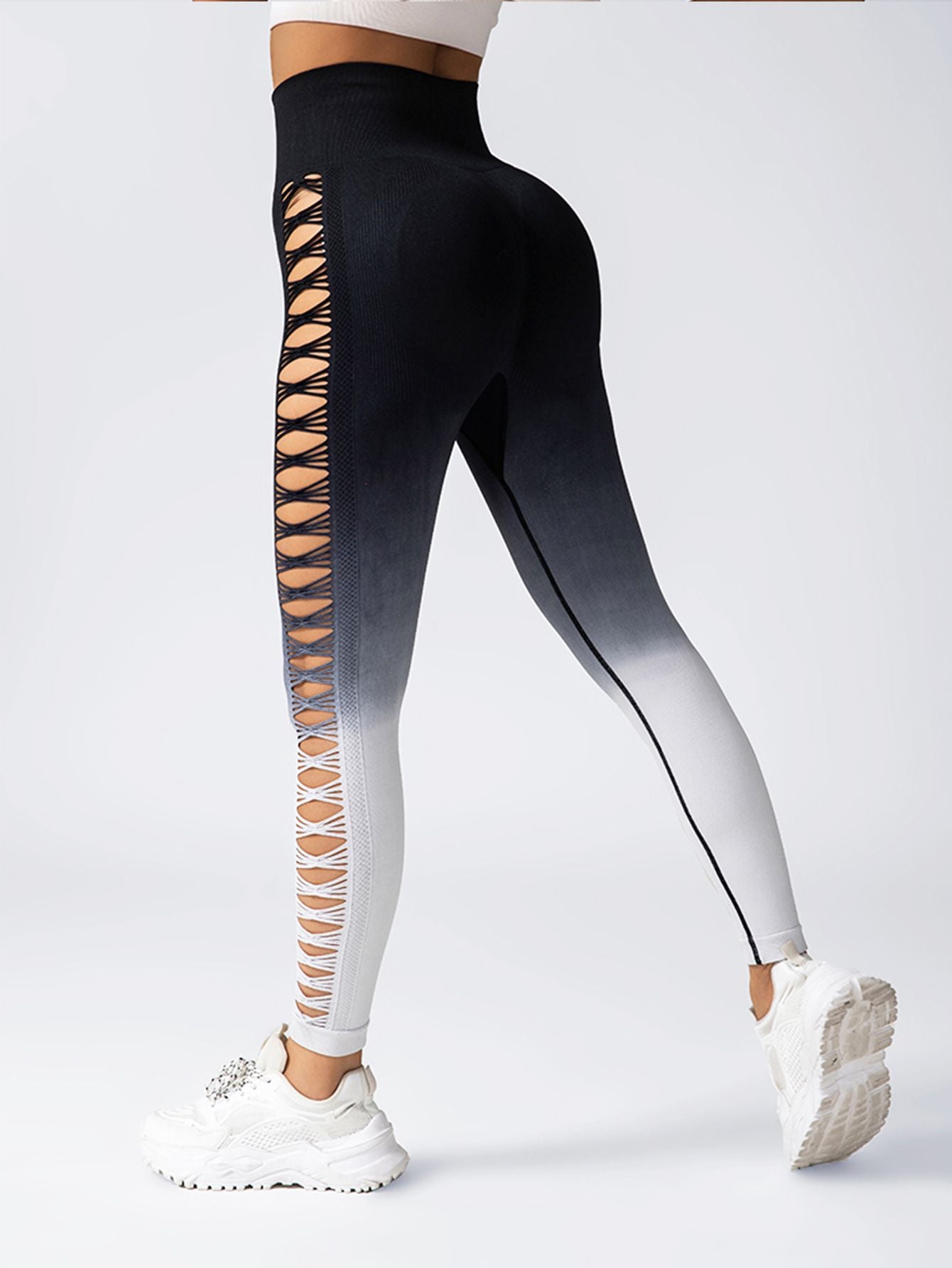 Women's High-Waisted Gradient Yoga Pants, Cutout Leggings, Booty Lifting, Athletic Long Tights For Fitness Workout, Breathable Sportswear Doba