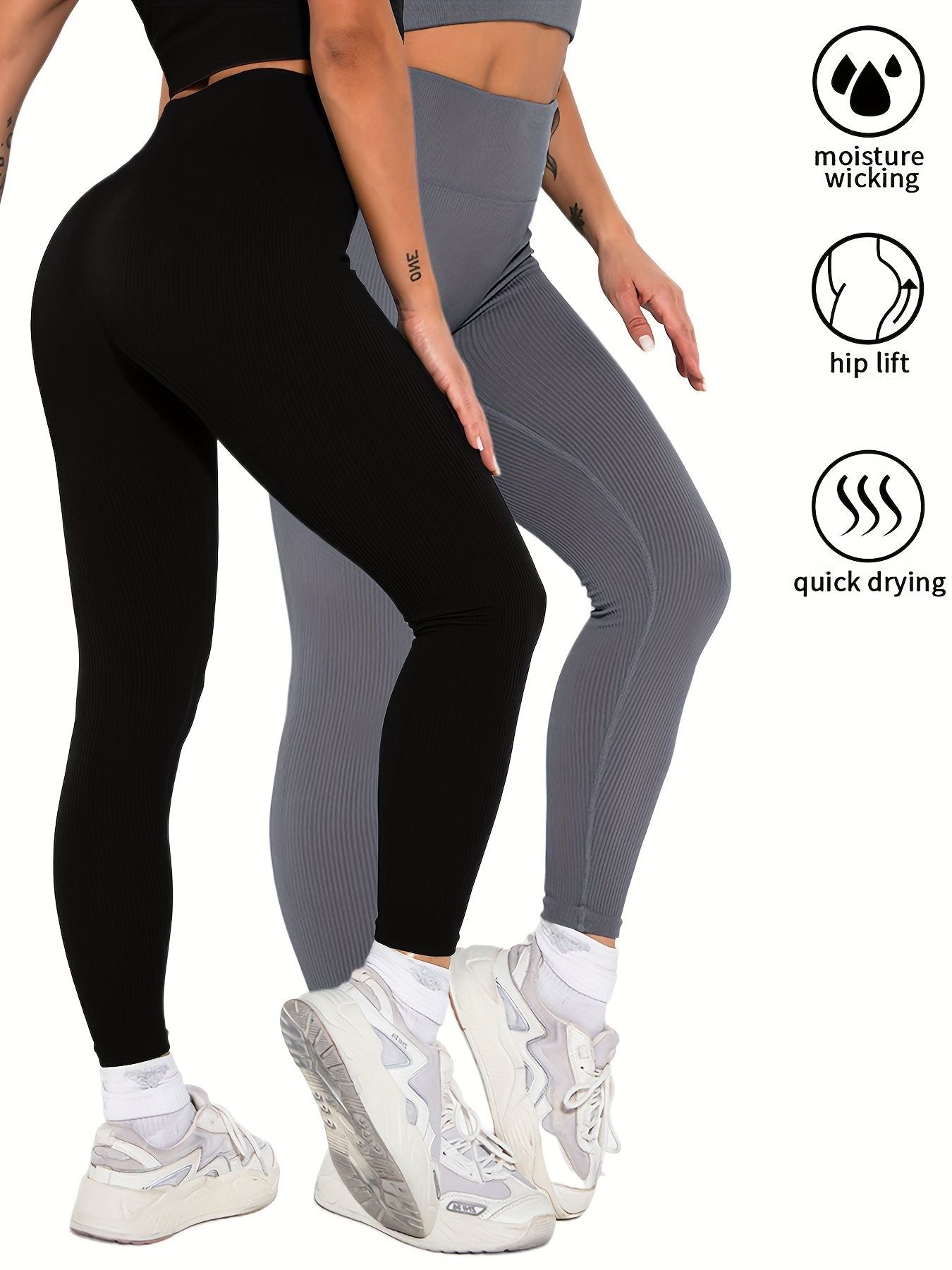 2 Pack Womens Seamless Ribbed Leggings Soft Slimming Yoga Pants, Ribbed Yoga Pants High Waisted Gym Leggings Sport Women Fitness Seamless Female Doba