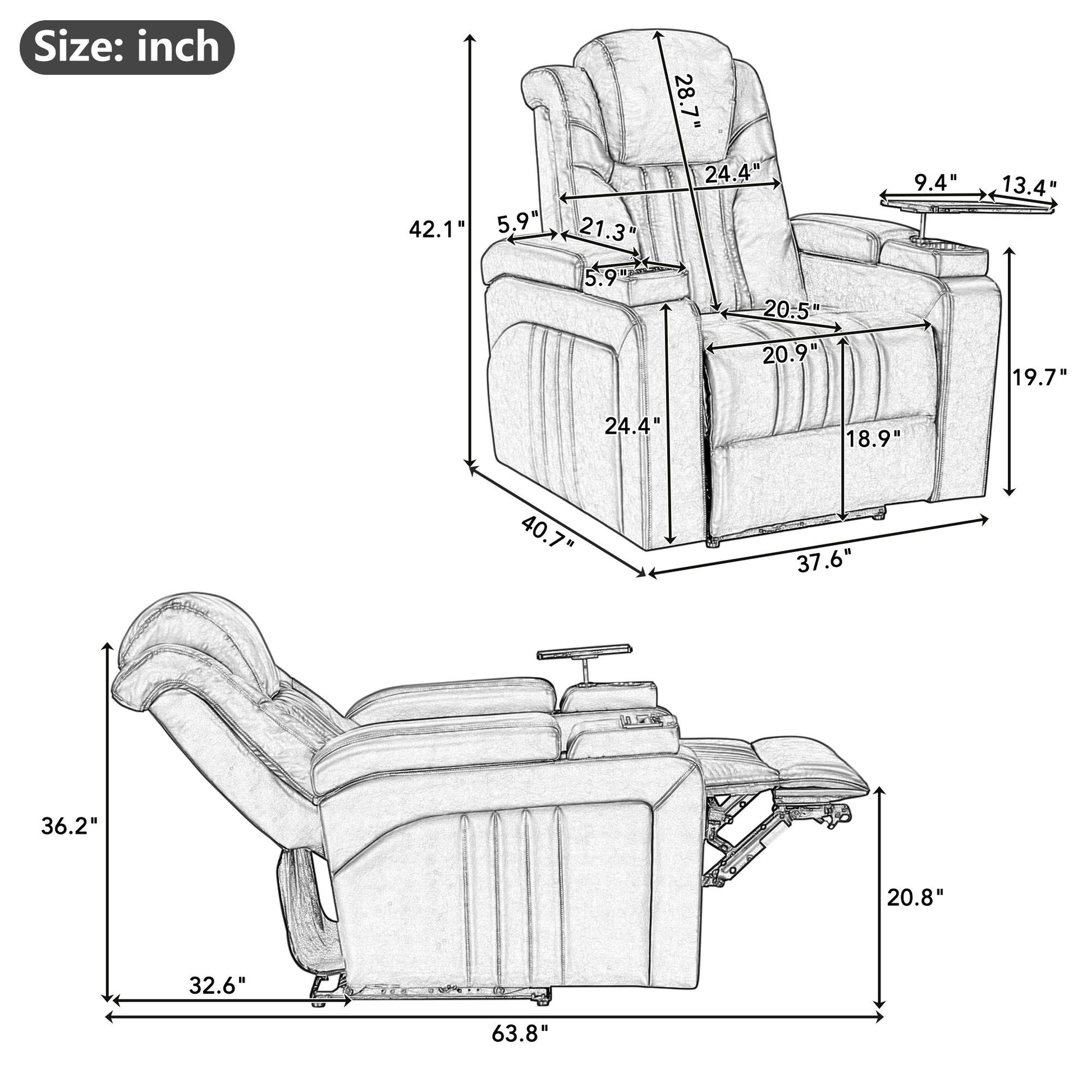 Luxury PU Leather Power Recliner with Adjustable Headrest, Wireless Charging, USB Port, Cup Holder, and Swivel Tray Table for Ultimate Home Theater Experience Doba