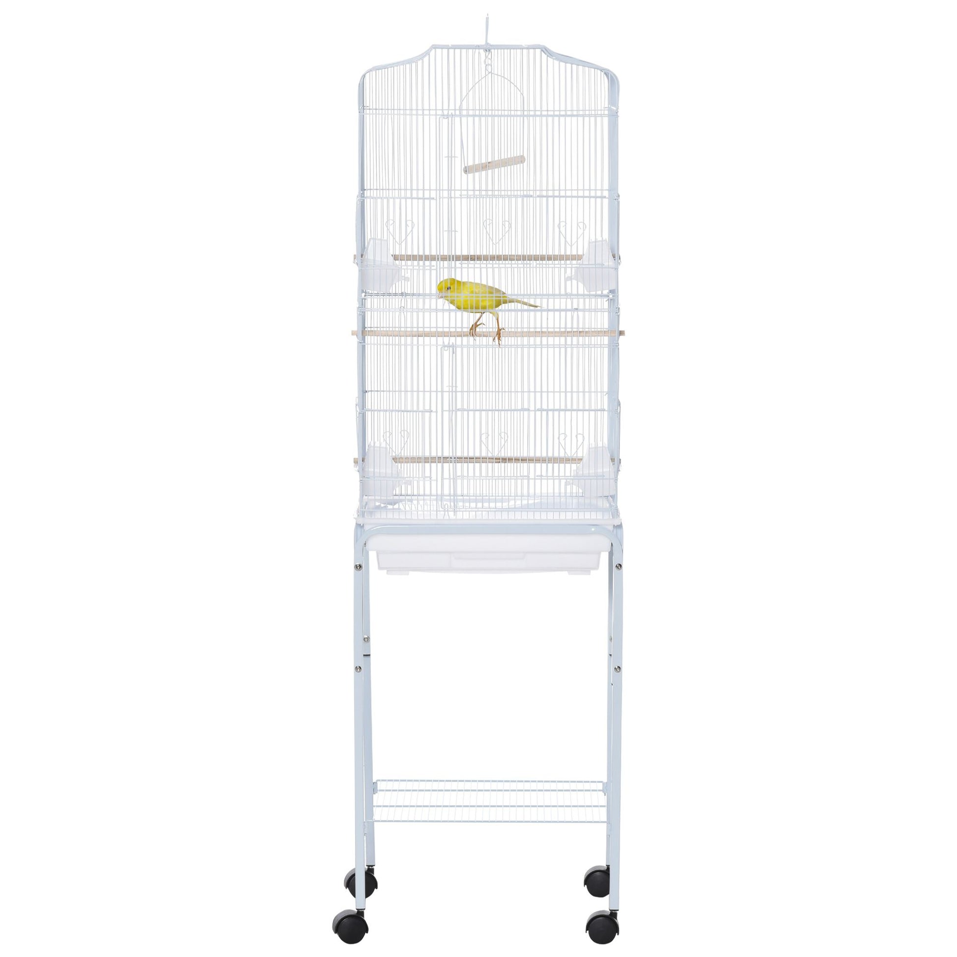 PawHut 60" White Metal Bird Cage Starter Kit with Rolling Stand, Storage Basket, and Accessories for Small Birds and Parrots Doba