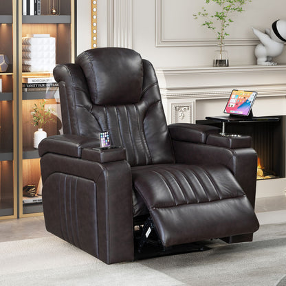 Luxury PU Leather Power Recliner with Adjustable Headrest, Wireless Charging, USB Port, Cup Holder, and Swivel Tray Table for Ultimate Home Theater Experience Doba