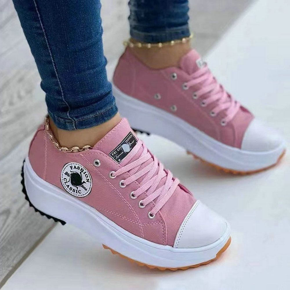 Women’s Classic Lace-Up White Canvas Sneakers - Solid Casual Platform Shoes Doba