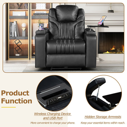 Luxury PU Leather Power Recliner with Adjustable Headrest, Wireless Charging, USB Port, Cup Holder, and Swivel Tray Table for Ultimate Home Theater Experience Doba