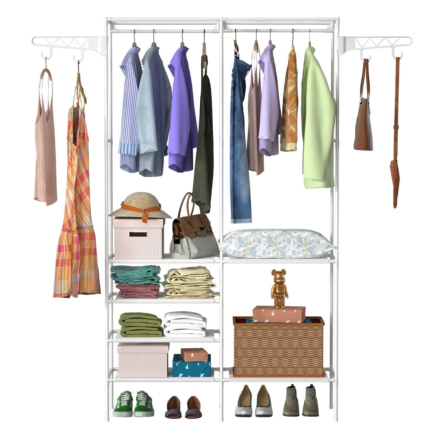 Versatile Metal Clothing and Shoe Organizer with Rotatable Hooks - Freestanding Wardrobe Rack Doba