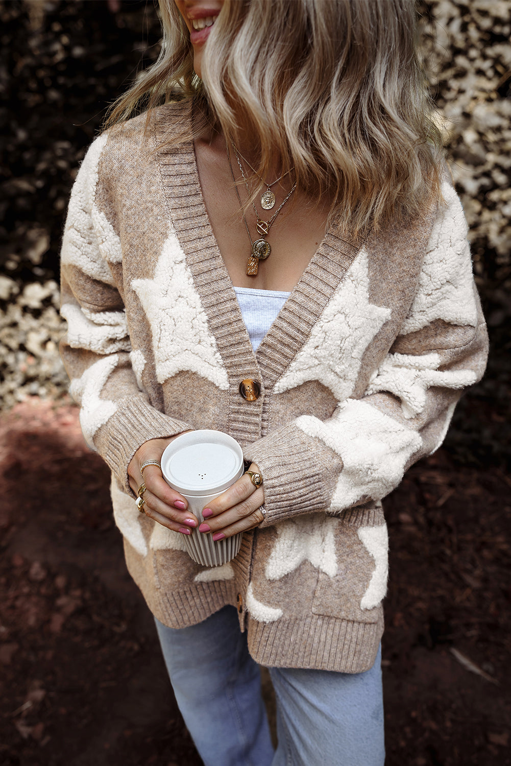 Sherpa Star Cozy Knit Cardigan Threaded Pear